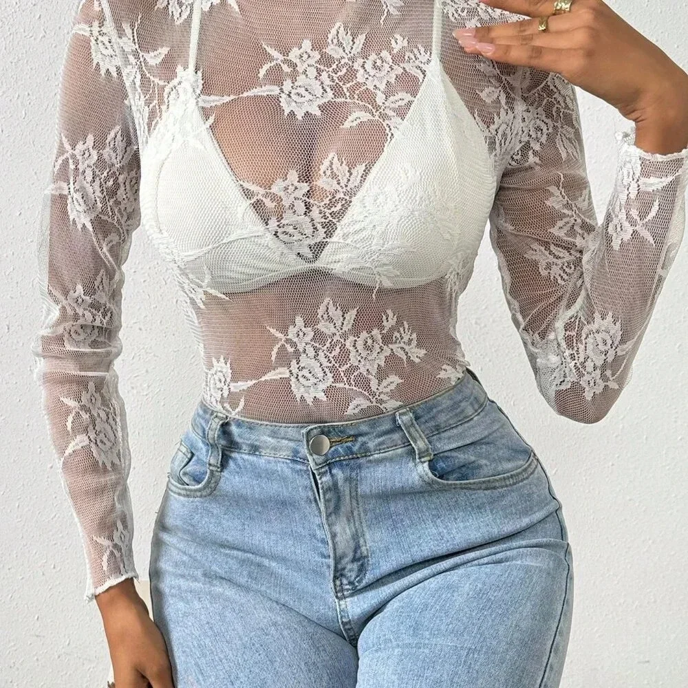 White Sexy Women's Lace Ruffle Hem Sheer Top